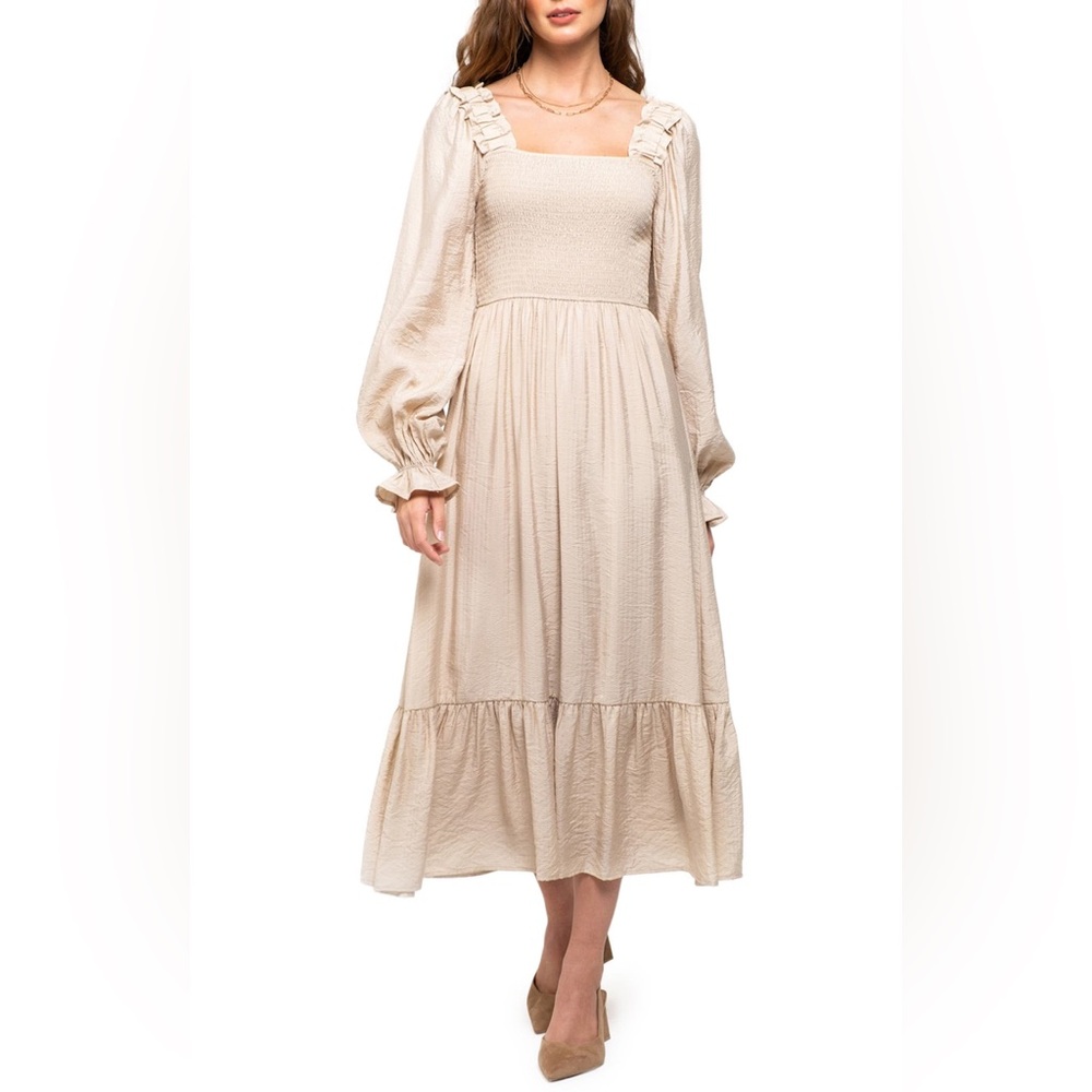 August Sky Tan/Cream Smocked Long Sleeve Maxi Dress NWOT
